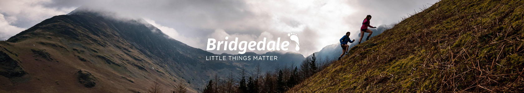 Bridgedale header. People hiking up a hill