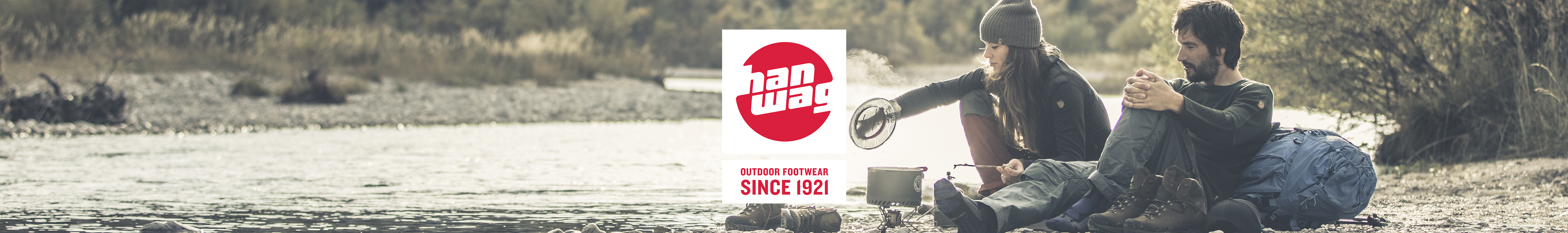 Hanwag brand page header image. Two people on a camping trip wearing Hanwag walking boots