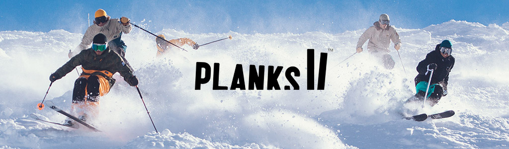 Planks header image. People skiing and snowboarding in Planks skiwear