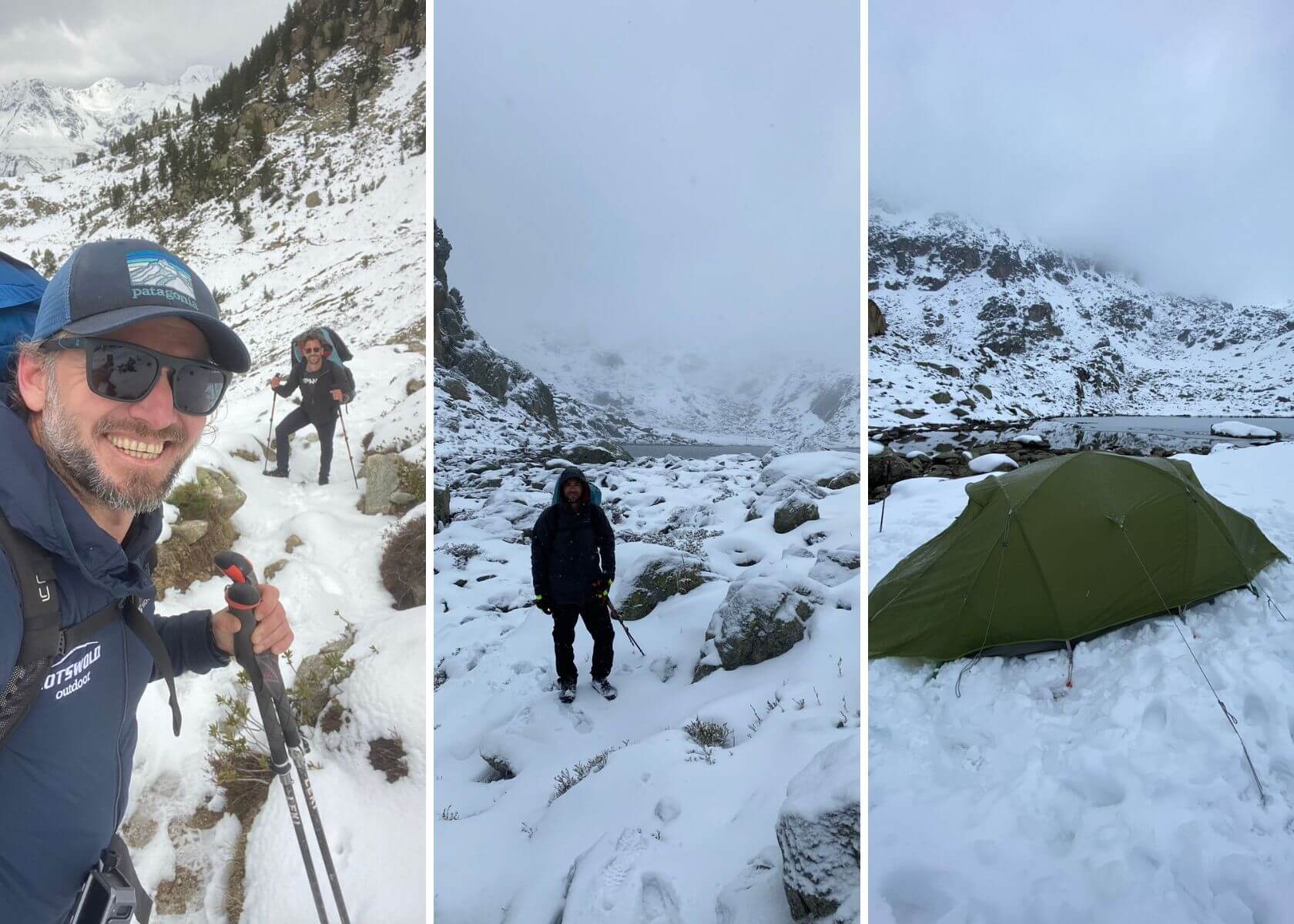 Pictures show 2 men climbing a snowy mountain and camping on the edge of a lake