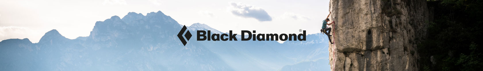 Black Diamond header. The black diamond logo over an image of a person climbing a large rock face