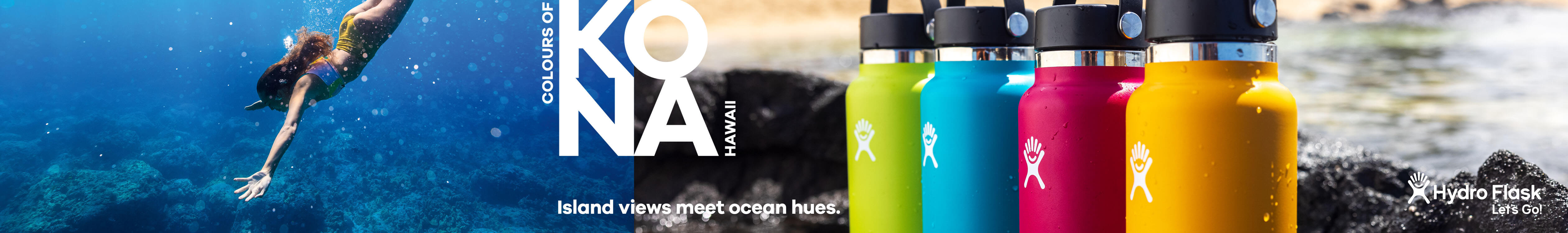 Hydro Flask header. An image of hydroflask water bottles lined up by the seashore