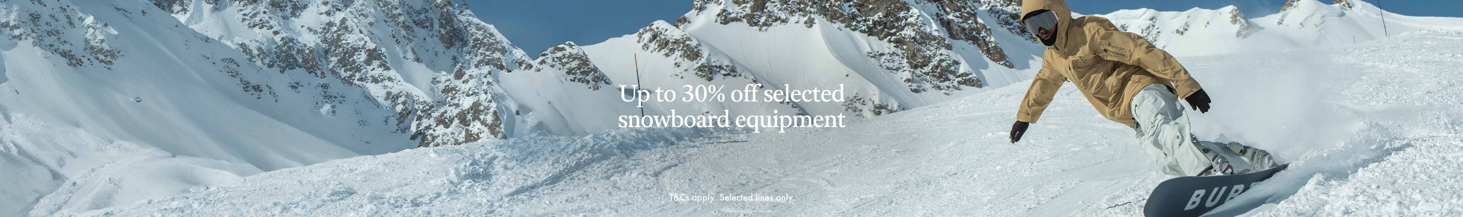 Up to 30% off selected snowboard equipment. A man snowboarding down a mountain 