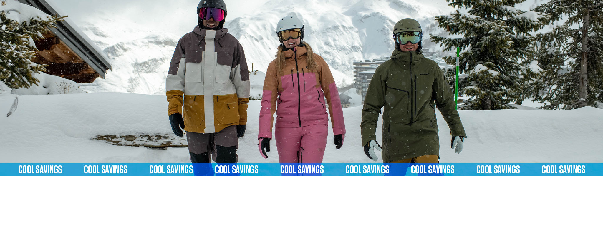 Up to 20% off ski jackets and pants. Cool Savings. T&Cs apply. Three people laughing in the snow. 