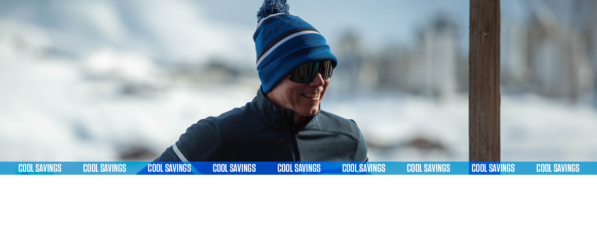 Cool savings of up to 20% off selected hats and gloves.  A man in a hat and dark glasses somewhere snowy