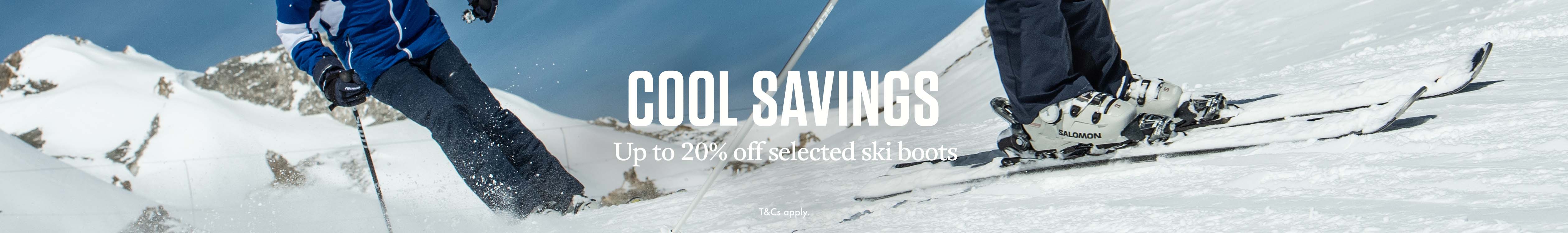 Cool savings of up to 20% off selected ski boots.  People skiing