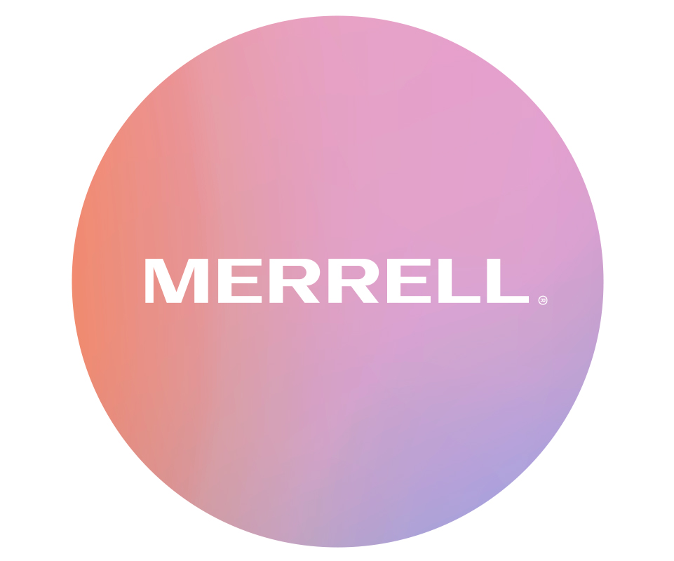 Shop Merrell footwear. Merrell brand logo on pink background