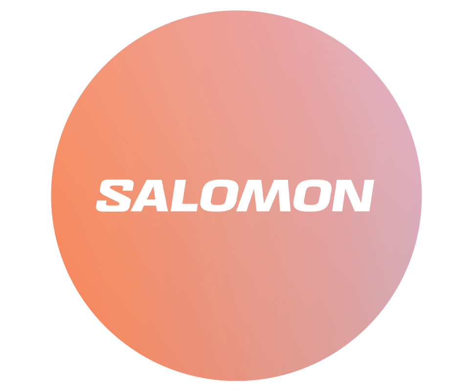 Shop Salomon footwear. Salomon brand logo on orange background. 