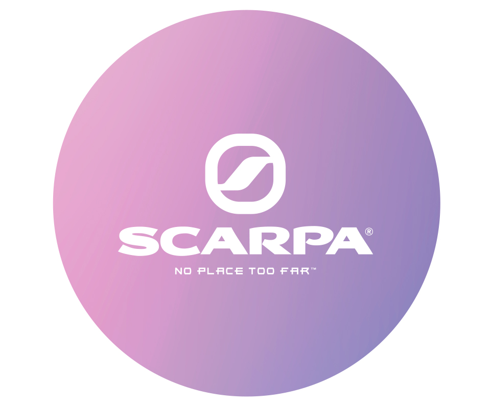 Shop Scarpa footwear. Scarpa brand logo on pink background