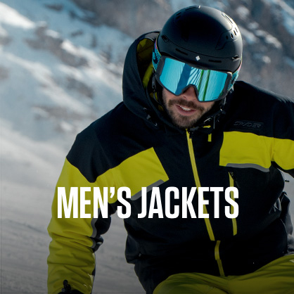 Shop Men's jackets. A man wearing yellow jacket skiing down the mountain