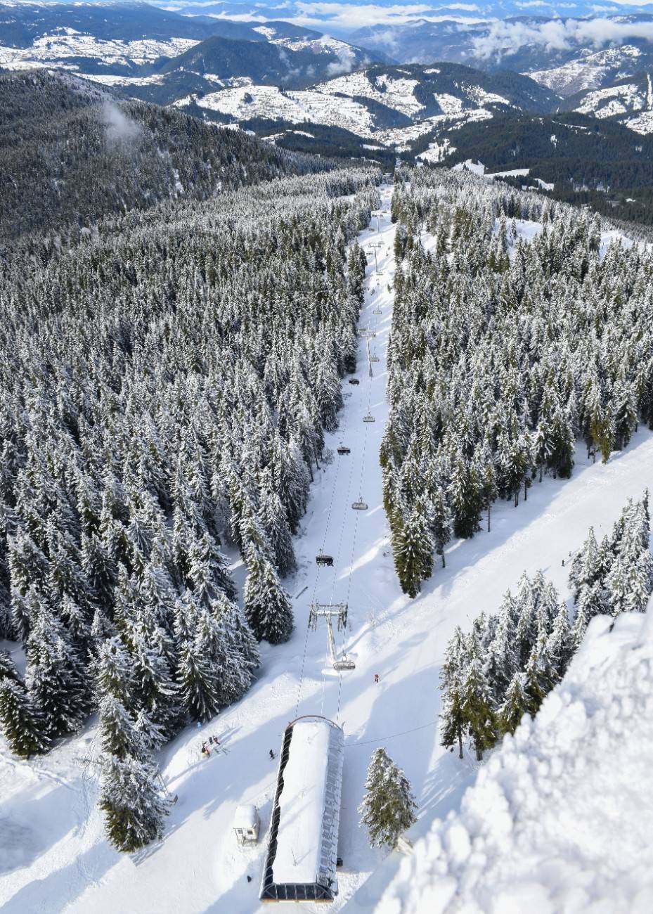 An aerial view of a ski run at Pamporovo Ski Resort