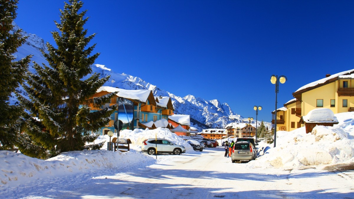 The snow covered streets at Passo Tonale ski resort 