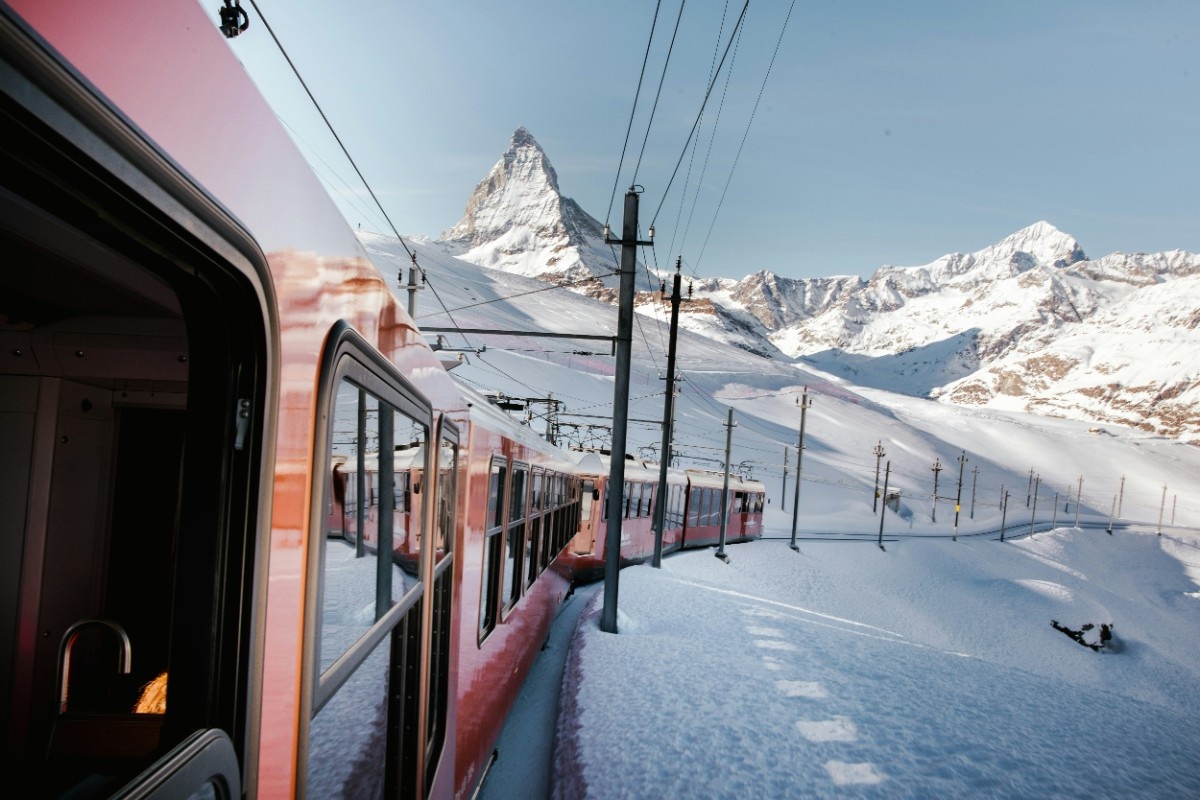 The train to Zermatt, with views of the Matterhorn in the distance 